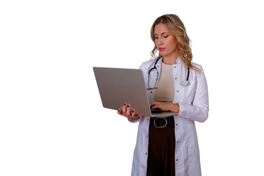 Female doctor using laptop for telehealth and digital healthcare on transparent background, medical technology