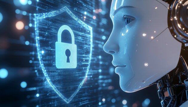 AI Robot and Digital Security: A futuristic AI robot contemplates a digital security shield, symbolizing secure data protection in the digital age. - Powered by Adobe