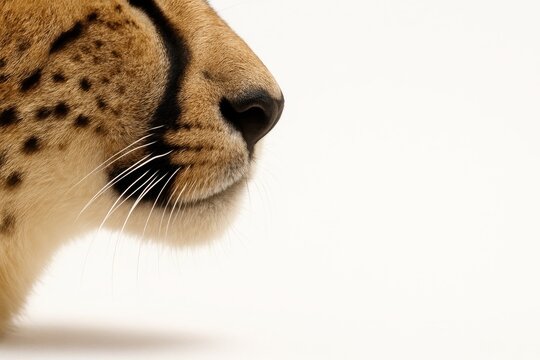 Cheetah muzzle and whiskers close up side profile on white background showing fur texture and spot pattern for wildlife and big cat themes - Powered by Adobe