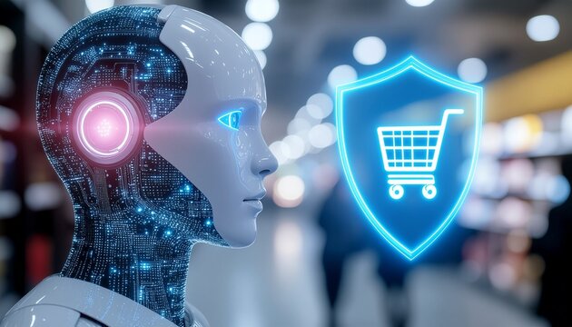 Cyber Shopping Sentinel: A sleek, futuristic humanoid robot, illuminated with digital blue light, stands vigilant with a glowing shopping cart shield, representing innovation, security.