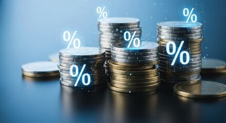 Stacks of coins with percentage symbols floating above them, symbolizing interest rates, financial growth, and investment opportunities