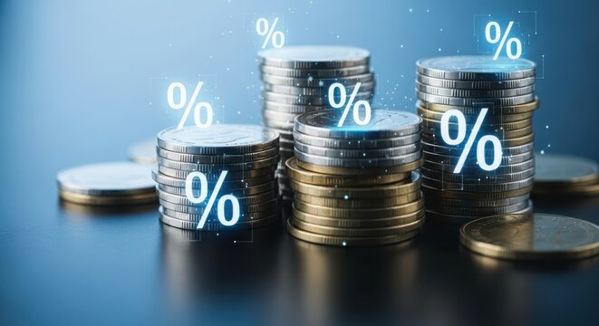Stacks of coins with percentage symbols floating above them, symbolizing interest rates, financial growth, and investment opportunities