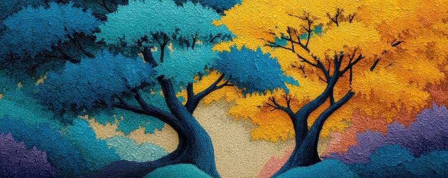 Colorful abstract painting of intertwining trees in vibrant autumnal and serene hues