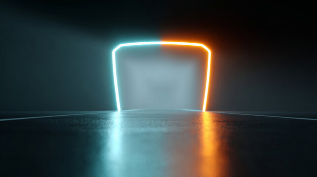 Futuristic glowing neon gate with blue and orange light reflections on dark textured floor in minimalistic environment - Powered by Adobe