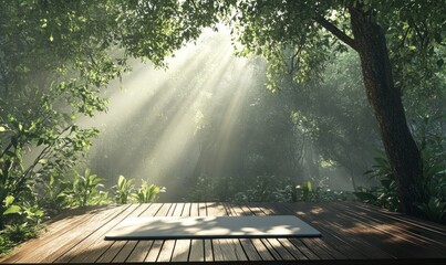 Yoga mat on a wooden deck in a lush, misty forest with dappled sunlight, ideal for meditation and spiritual wellness practice.