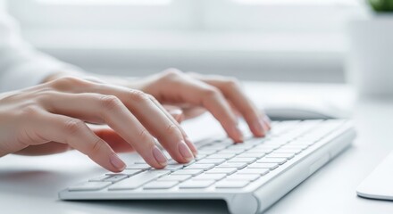 Closeup of female hands typing on a white keyboard, showcasing the elegance and efficiency of modern technology in the workplace
