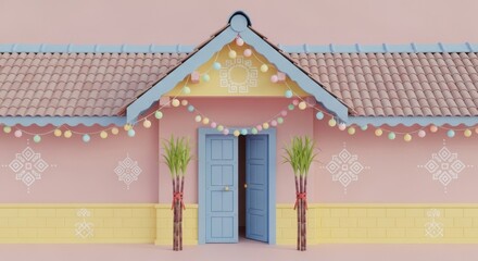 Pastel colored house decorated with sugar cane and string lights for thai pongal festival.
