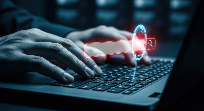 Person typing on a laptop with a glowing search bar overlay, representing cybersecurity, data analysis, and digital investigation