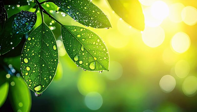 Green leaves covered in water droplets are illuminated by bright sunlight, creating a vibrant and refreshing natural scene with soft bokeh lights.