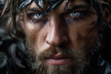 Intense close-up of a rugged warrior with striking blue eyes and detailed facial markings
