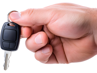 Close-up of hand holding car key isolated on transparent background. Ideal for rental, dealership, and driving design.