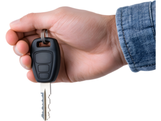 Close-up of hand holding car key isolated on transparent background. Ideal for rental, dealership, and driving design.