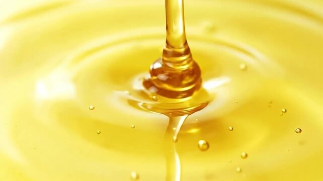 Close-up of pouring golden beauty serum or oil. Loopable video for beauty and skincare concepts.