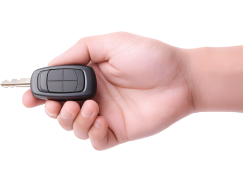 Hand holding car key isolated on transparent background. Perfect for driving, rental, and automotive design.