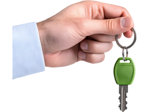 Close-up of hand holding car key isolated on transparent background. Ideal for rental, dealership, and driving design.