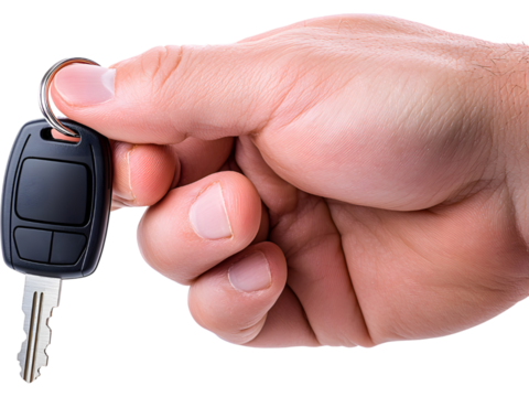 Close-up of hand holding car key isolated on transparent background. Ideal for rental, dealership, and driving design.