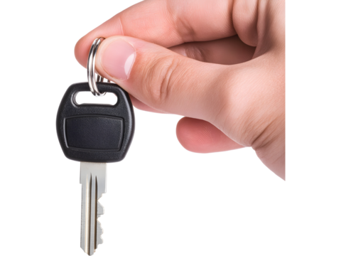 Close-up of hand holding car key isolated on transparent background. Ideal for rental, dealership, and driving design. - Powered by Adobe