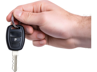 Hand holding car key isolated on transparent background. Perfect for driving, car rental, and automotive business design.