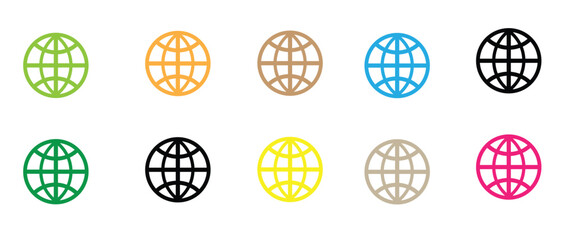 Vector globe icons set, world map symbol collection, global network graphic design elements, internet earth illustration, modern web icon pack isolated.