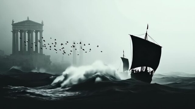 Viking longship approaching ancient temple in stormy sea. Misty waves and flying birds in epic maritime journey. Atmospheric adventure footage.