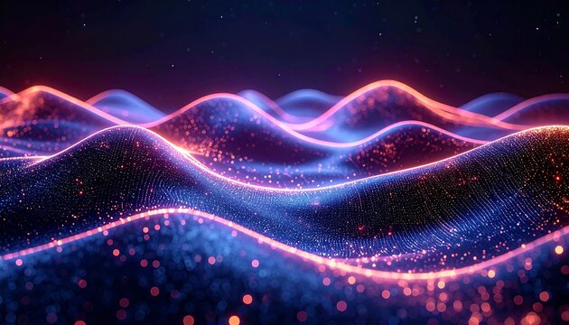 Abstract waves shimmer with blue and orange light in a digital landscape, under a starry sky - Powered by Adobe