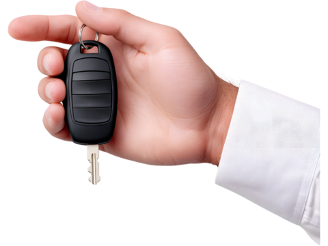 Hand holding car key isolated on transparent background. Perfect for driving, car rental, and automotive business design.