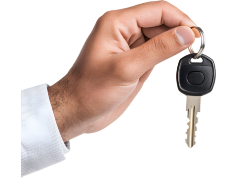 Hand holding car key isolated on transparent background. Perfect for driving, car rental, and automotive business design.