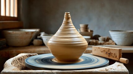 A potter's wheel is spinning a vase. The vase is in the process of being made
