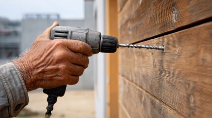 A man is using a power drill to make a hole in a wooden board. Concept of manual labor and hard work, as the man is focused on his task
