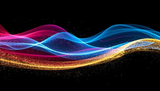 Abstract, wavy, colorful glowing ribbons and dust on black background forming a dynamic, flowing composition - Powered by Adobe