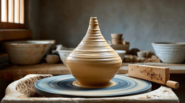 A potter's wheel is spinning a vase. The vase is in the process of being made