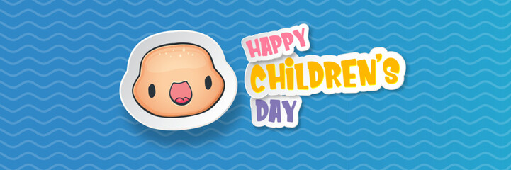 November 20th world childrens day cartoon horizontal banner background with cute boy face isolated on blue background. Vector happy childrens day poster concept with funny cartoon smiling child