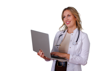 Medical professional standing, holding and typing on a laptop, using digital tools for healthcare, smiling confidently. Transparent background
