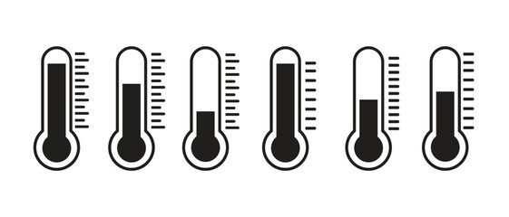 Vector thermometer icon set in simple black shape design, isolated graphic illustration collection for temperature, climate, weather, heat, cold and measurement signs