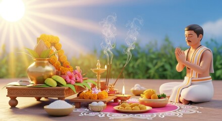 Hindu priest praying during puja ceremony with flowers, sweets, and religious items.