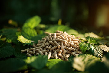 A top-down view of a small pile of wood pellets resting on vibrant green leaves, illustrating the concept of alternative biofuel and sustainability