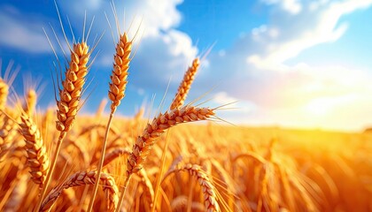 A close-up view of ripe golden wheat stalks swaying gently in a vast field under a clear blue sky with soft white clouds.