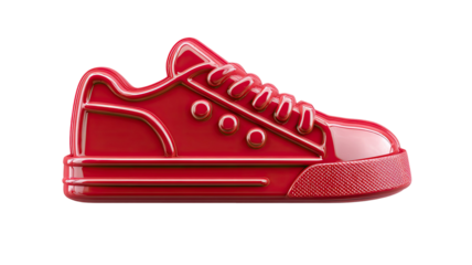 Glossy red sneaker icon with detailed laces and textured sole in modern stylized illustration isolated on white background