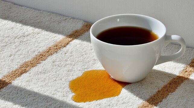 A cup of coffee with a brown stain on it. The stain is on the carpet and the cup is on a white rug