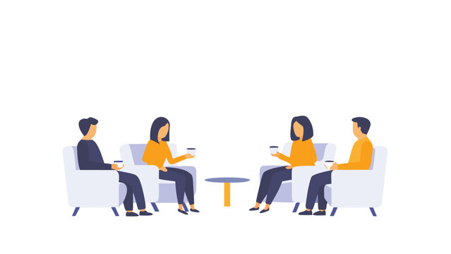 Modern casual business meeting in a stylish lounge with people discussing ideas over coffee featuring a relaxed office atmosphere and collaborative teamwork