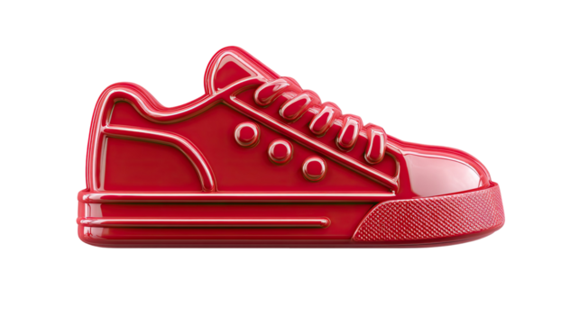 Glossy red sneaker icon with detailed laces and textured sole in modern stylized illustration isolated on white background
