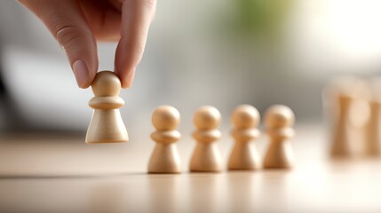 Hand lifts wooden pawn from row on light desk for recruitment concept