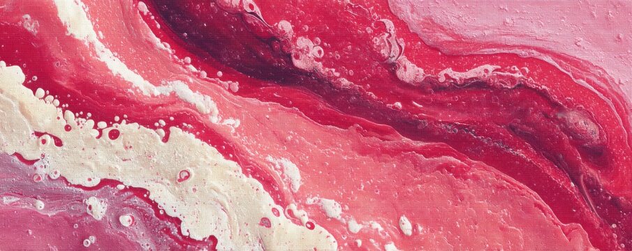 Abstract pink and red fluid art design with marbling textures and swirls