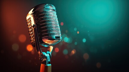 Retro-style professional microphone with teal and orange cinematic bokeh lighting. Ideal for podcast branding, voice recording, music production, broadcasting, studio banners, and promotional visuals 