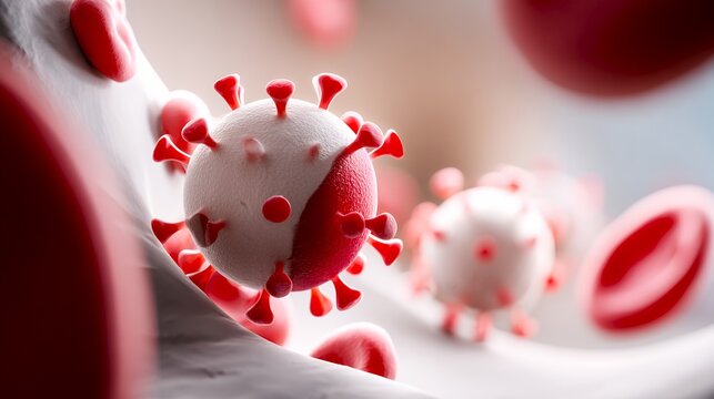 Stylized viruses approach bone marrow cells in educational illustration