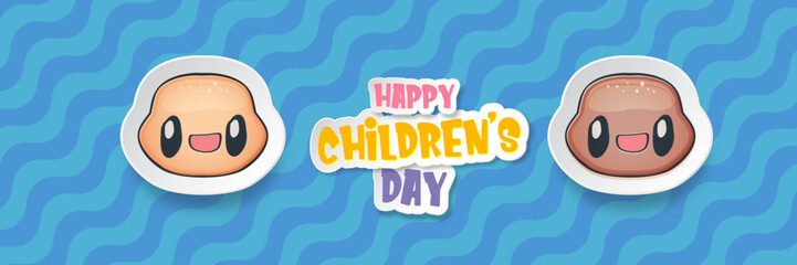 November 20th world childrens day cartoon horizontal banner background with cute boy face isolated on blue background. Vector happy childrens day poster concept with funny cartoon smiling child