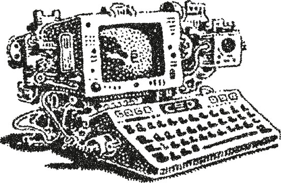 Detailed steampunk or cyberpunk portable computer terminal. A complex, retro-futuristic gadget illustration in a black and white stipple vector style.
