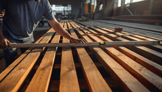 Skilled craftsman meticulously leveling wood planks for a sturdy and reliable construction project, showcasing precision and dedication to quality workmanship