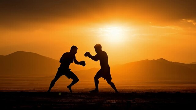 Two male boxers sparring in a desert at sunset - Powered by Adobe