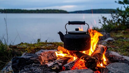 Teapot on Campfire by Lake - A Tranquil Outdoor Scene.